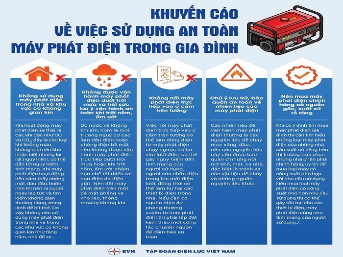 Khuyến cáo về việc sử dụng an toàn máy phát điện trong gia đình